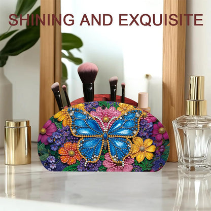 POETRYDRAW DIY Butterfly Diamond Art Painting Wooden Storage Box – Multi-Grid Moon Fan Makeup Brush Organizer, Double-Sided Drill Tabletop Holder for Women, Office & Home Decoration
