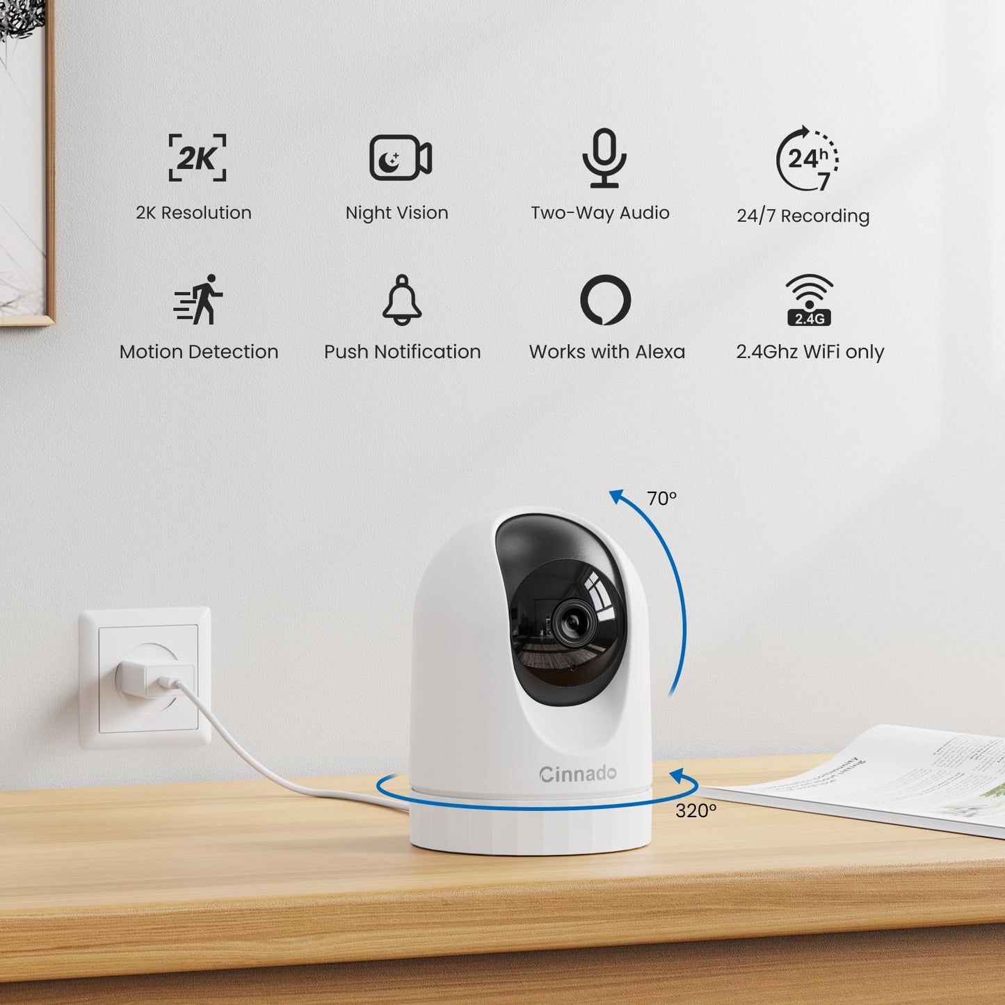 2K Indoor Security Camera-Baby Monitor with 2.4G WiFi Camera and Audio, Siren/Night Vision for Home/Pet/Nanny/Cat, 24/7 SD Card Storage, Cloud (Optional), Compatible with Alexa & Google Home, D1 2P