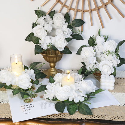 UUXX White Artificial Flowers Candle Rings Wreaths for Pillars, 4pcs Silk Roses Hydrangea Floral Candle Wreaths Rings for Table Centerpieces Wedding Valentine's Day Party Decor (White)