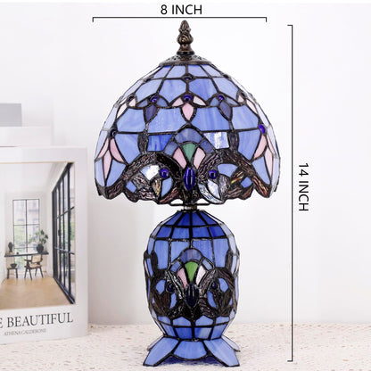 TCODTPOL Small Tiffany Lamp Stained Glass Table Lamp Mini Mother Daughter Vase Desk Accent Light for Bedroom Bedside Reading Home Antique Style Decor 8X14 Inches (Blue Baroque)