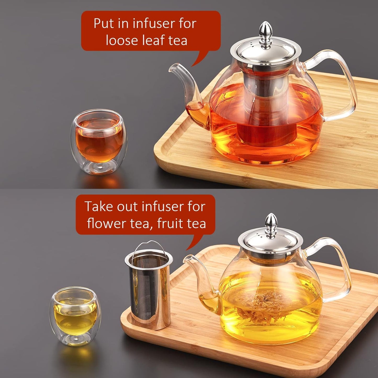40oz Glass Teapot with Removable Stainless Steel Infuser for Blooming Tea & Loose Leaf Tea, Gift Box