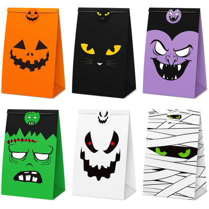 TaoBary Halloween Treat Bags Cute Trick or Goody Bags Halloween Paper Favor Bag with 6 Assorted Designs Stickers for Trick or Goody Birthday Party Event Supplies(30 Pcs)