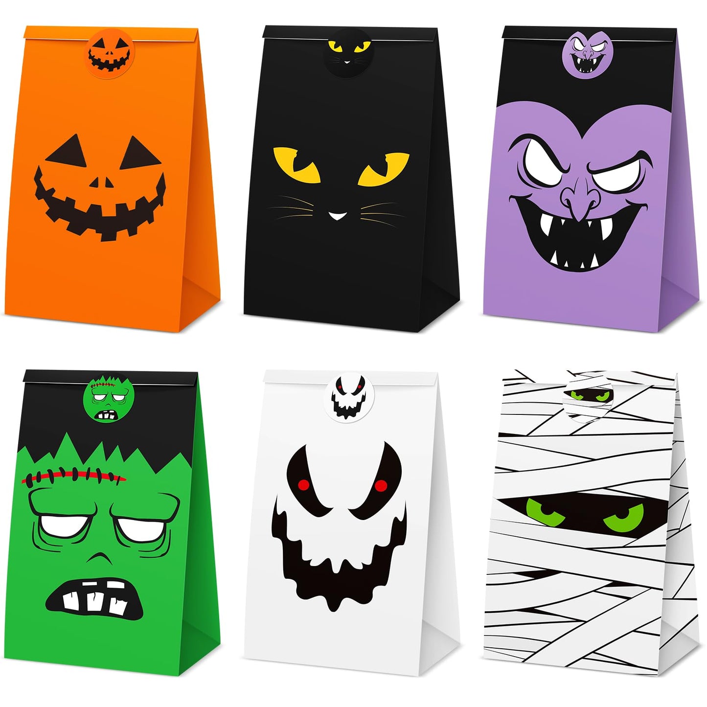 TaoBary Halloween Treat Bags Cute Trick or Goody Bags Halloween Paper Favor Bag with 6 Assorted Designs Stickers for Trick or Goody Birthday Party Event Supplies(60 Pcs)