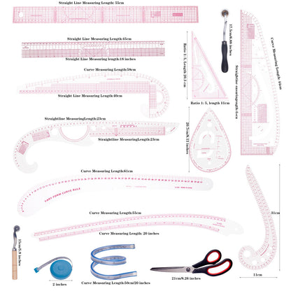 AMZTKDIY Acrylic Sewing Ruler Set，French Curve Pattern Rulers Kit for Tailors Designers Precision Pattern Making Guides Quilting and DIY Supplies (Ruler Set 4-15Pcs)