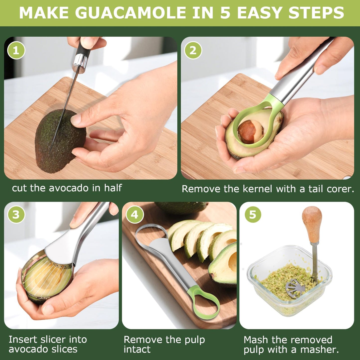 OERPHO Avocado Slicer Tool 3 in 1, Stainless Steel Avocado Cutter Tool Set, Avocado Masher & Avocado Peeler Tools, Multi-Function Avocado Smasher Tools for Slicing, Scooping and Pit Removal