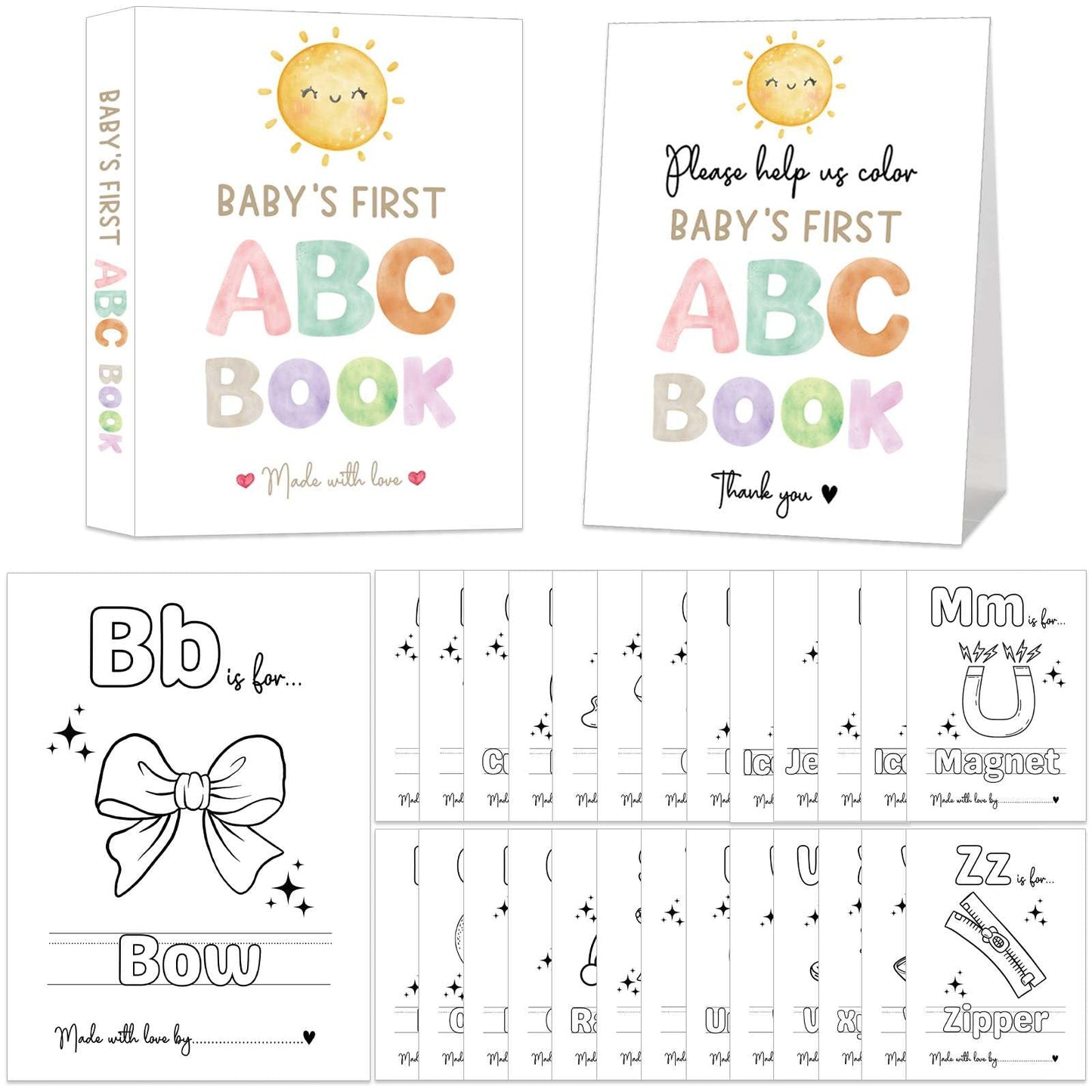 Baby's First ABC Book Baby Shower Activity, Boho Sun Baby Shower Guest Book Alternative with Alphabet Coloring Pages, Educational Keepsake & Activities, Sunshine Baby Shower Games Craft Kit