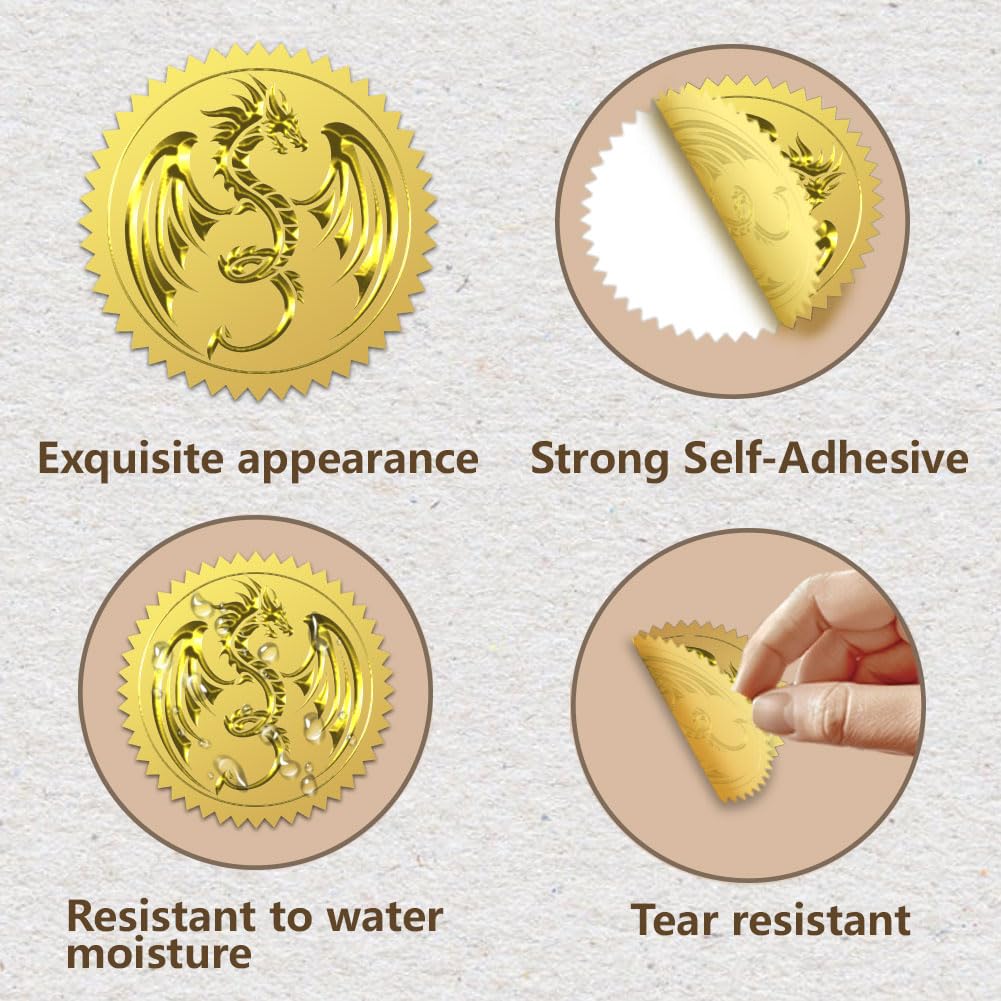 WADORN 100Pcs 2'' Dragon Embossed Gold Foil Seals, Self Adhensive Animal Round Gold Seals Sticker Labels Vintage Dragon Sticker for Envelopes Invitation Card Diplomas Awards Graduation