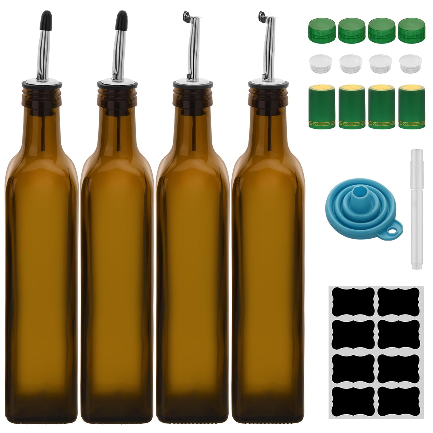 eispap 17oz 4 Pcs Olive Oil Dispenser Bottle,500ml Glass Oil and Vinegar Dispenser Set with 4 Stainless Steel Pourers, 8 Labels,Funnel Oil Bottles for Kitchen (Brown)