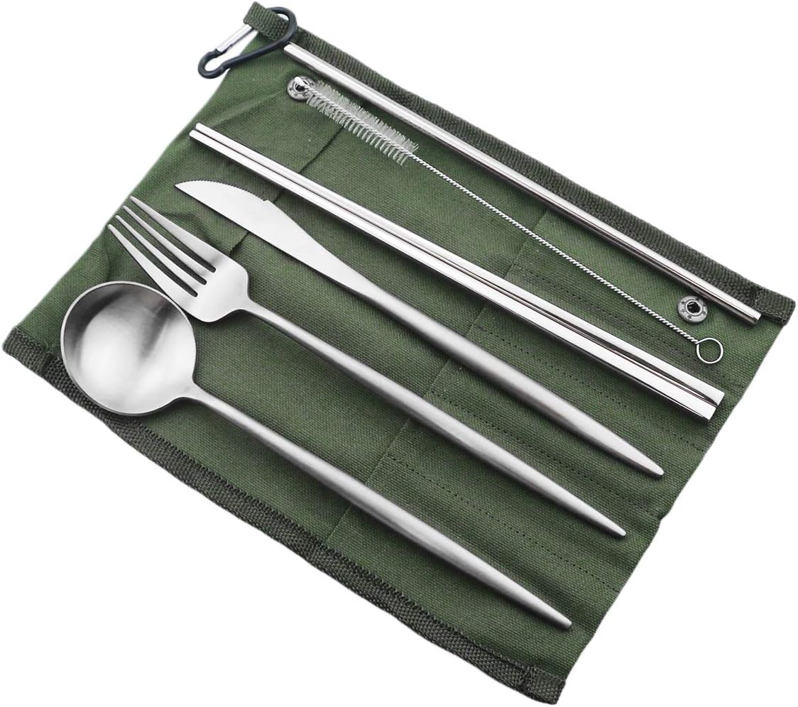 Reusable Travel Utensils Set - 7 Pieces Portable 18/10 Stainless Steel, Includes Knife, Fork, Spoon, Chopsticks,