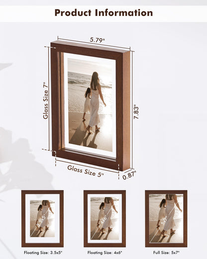 DLQuarts 5x7 Floating Picture Frames for 4x6/3.5x5 Photos, 2-Pack Solid Wood Double Polished Glass Floating Frame for Wall & Tabletop, Postcards and Any Size Photo up to 5x7 Display, Dark Walnut