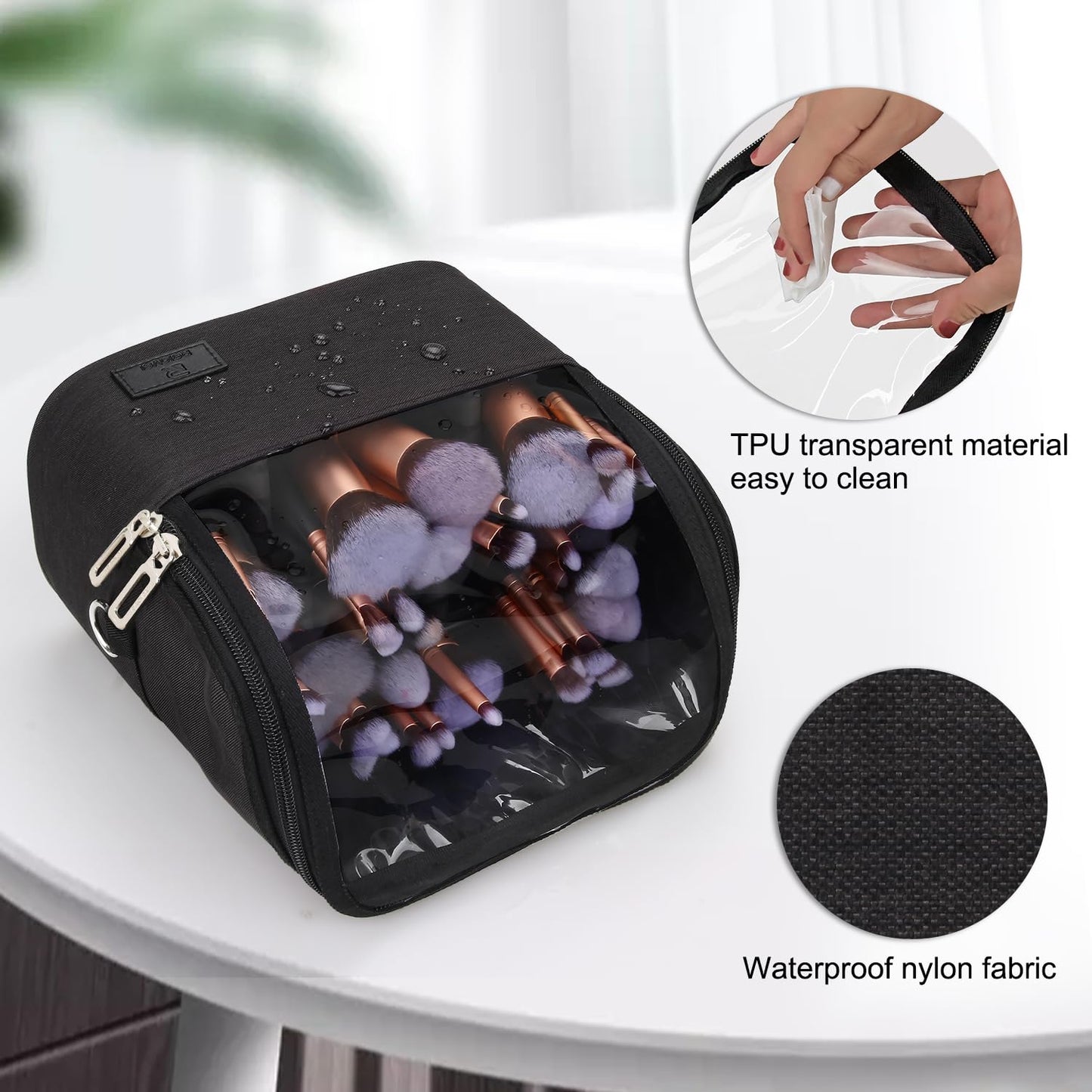 Makeup Brush Bag, Makeup Brush Holder Travel Stand-up Makeup Cup Large Makeup Brush Organizer Case Professional Cosmetic Bag Artist Storage Bag with Adjustable Divider (Large, Black)