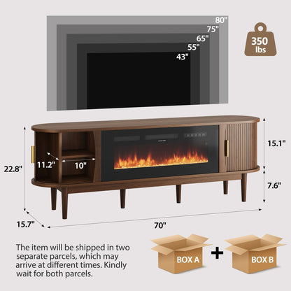 Decofy 70″ Fluted Fireplace TV Stand for 80″ TVs, Remote & Touch Control Adjustable Flame Colors & Temperature, Entertainment Center with Storage, Modern Media TV Console Table for Living Room(Walnut)