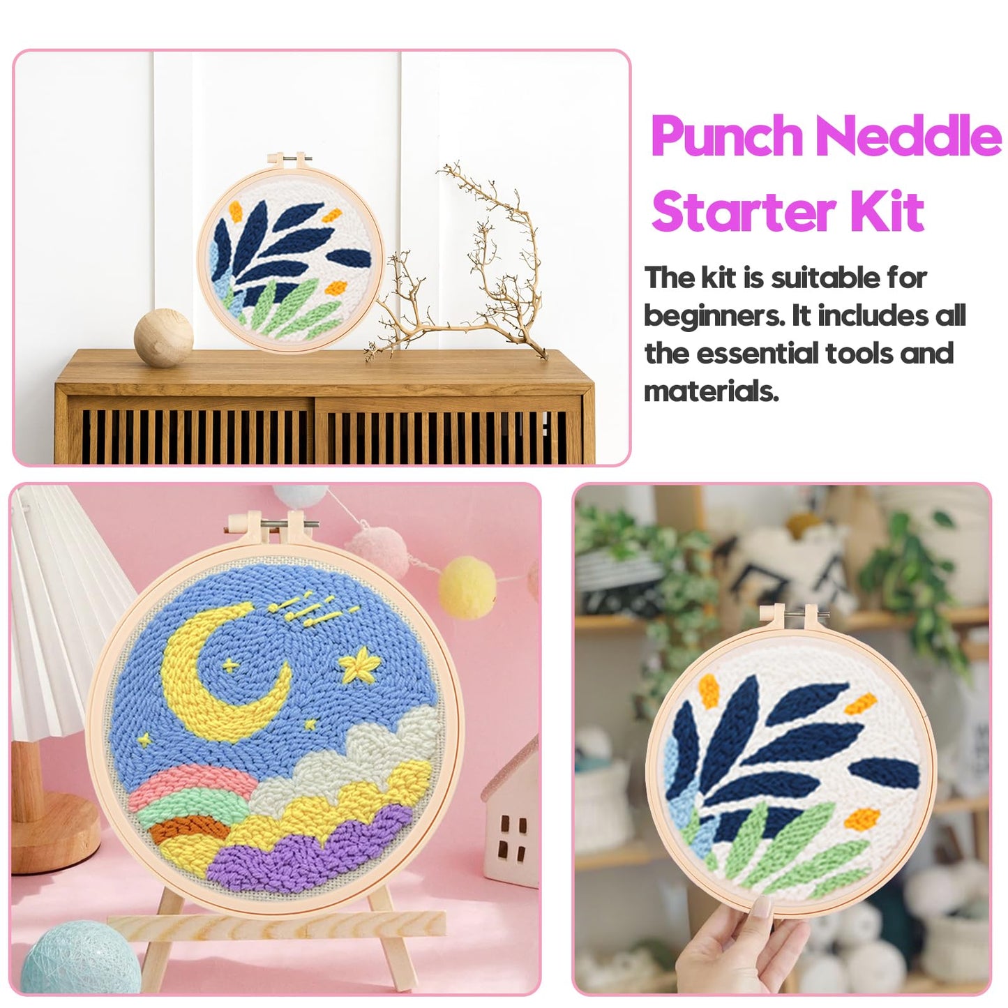 Cheloment 2 Sets Punch Needle Kits with 5mm/3.5mm Punch Needle,Fabric,Threader, Yarns and Hoops Embroidery Starter Kit for Adults Beginner, Perfect for DIY Craft and Decoration (Moon&Leaf)