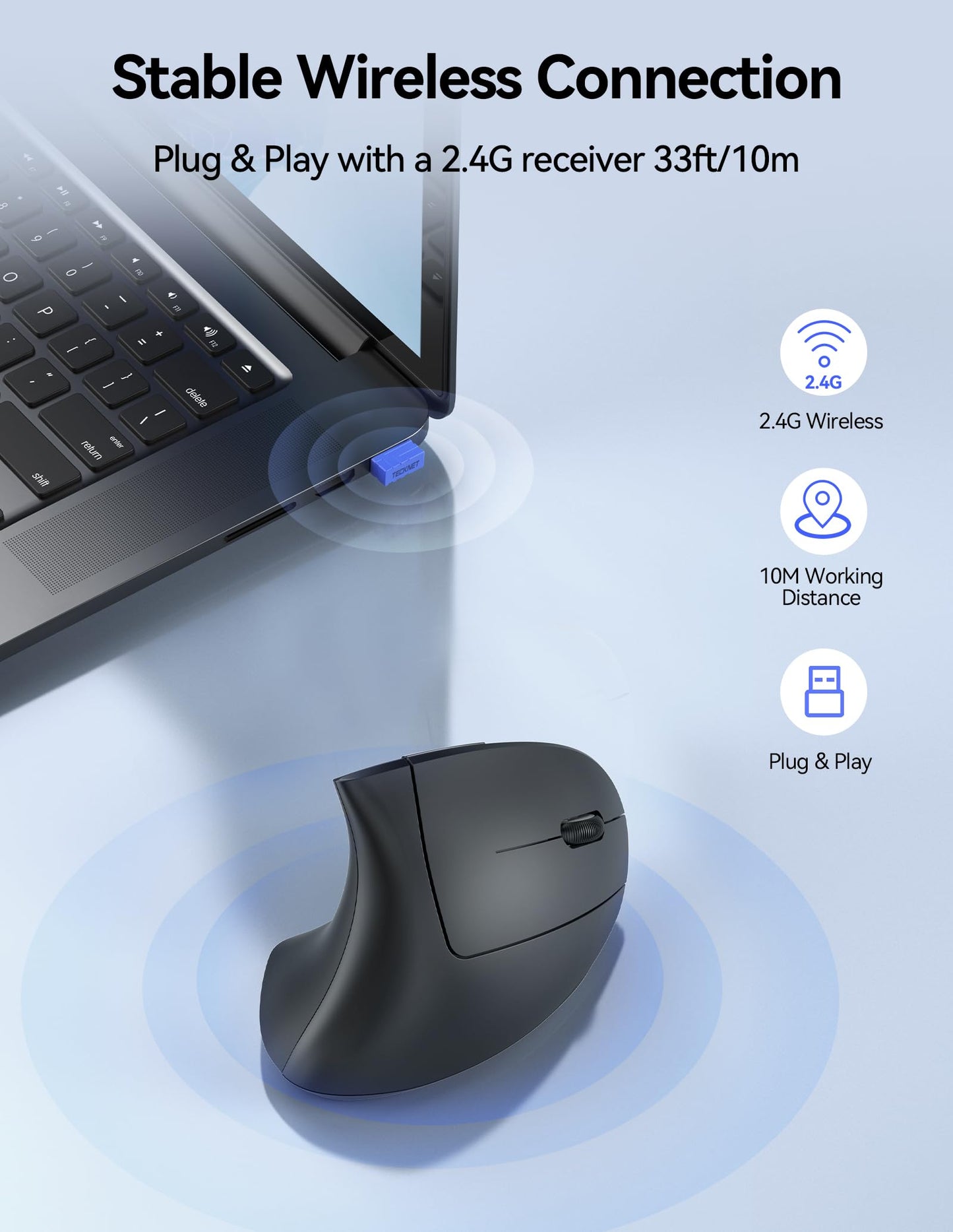 TECKNET Ergonomic Mouse, Rechargeable Vertical Ergo Mouse Wireless 800-4800 Levels 5 Adjustable DPI, Silent 2.4GHz Optical Carpal Tunnel Mouse for Right Hand, USB Wireless Mice for Laptop, PC