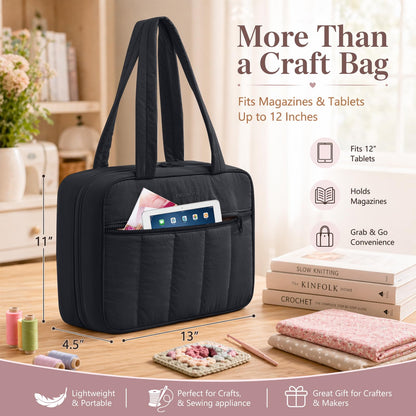 AMOIGEE Sewing Supplies Organizer Bag, Large Craft Storage Tote with 17 Clear Pockets&Tool Holders, Portable Crochet Knitting Embroidery Organizer Case for Threads, Hooks, Needles & Sewing Accessories