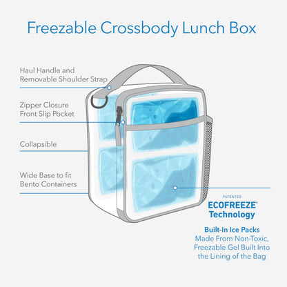 PackIt Freezable Crossbody Lunch Box, Midnight Navy, Technology, Fully Freezable, Collapsible, Reusable, With Top Handle, Front Slip Pocket. Effortlessly Carry, Fresh Every Time