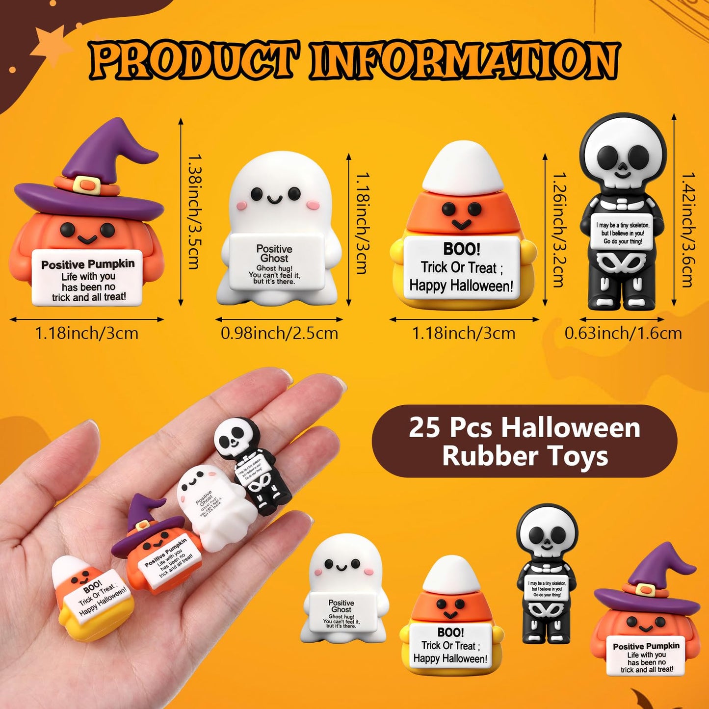 Gejoy 25 Pcs Halloween Mini Rubber Figurine with Motivational Messages Mini Ghost Pumpkin Candy Corn Skeleton Positivity Signs for Office Home Halloween Party Decorations Gifts