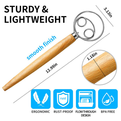 TEEVEA Danish Dough Whisk Stainless Steel Wooden Handle for Sourdough Pizza Bread Baking