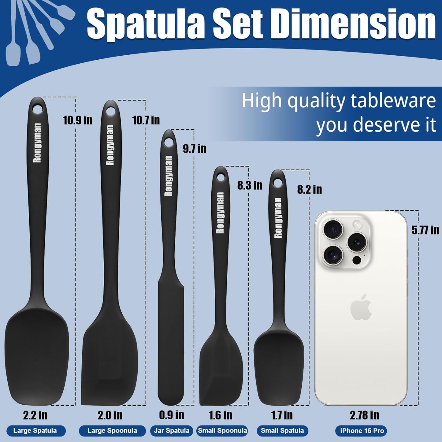 Silicone Spatula Set of 5, Heat Resistant Kitchen Spatulas for Baking, Cooking, Mixing, BPA Free, Black