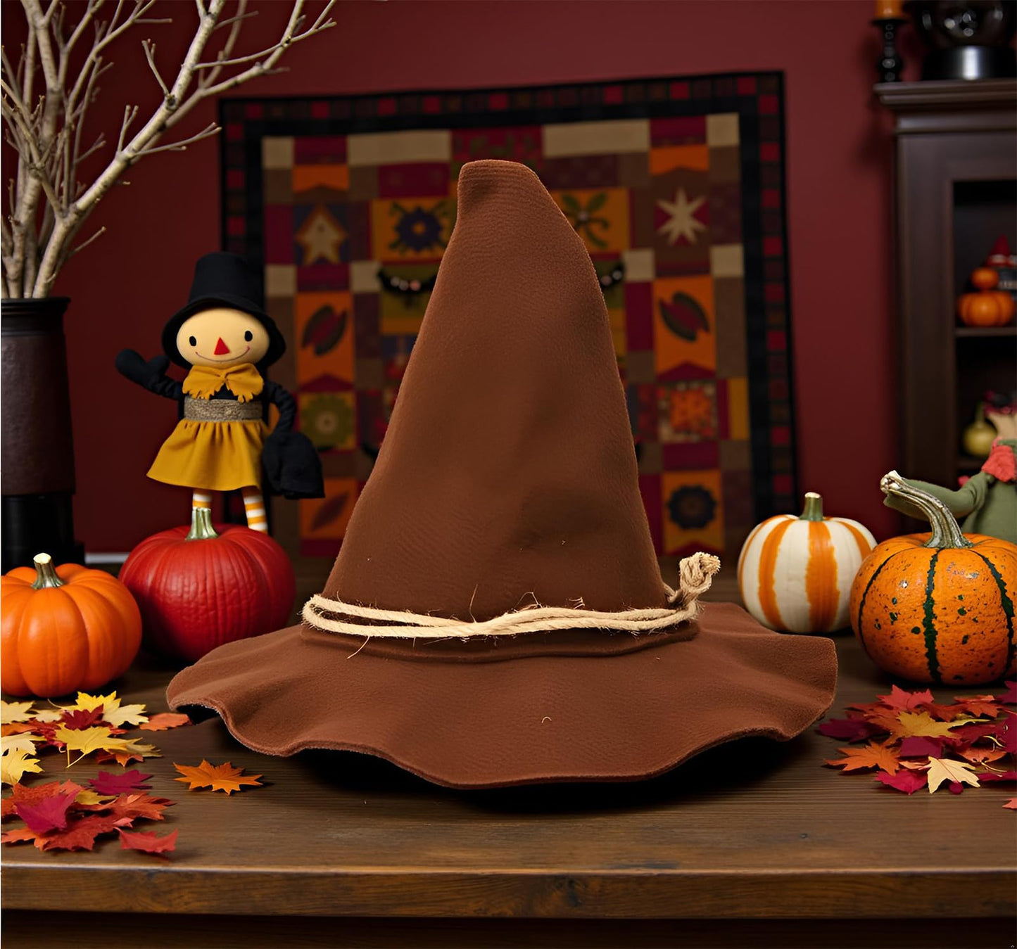 nigsouy Witch Wizard Hat for Adults, Felt Wide Brim Pointed Hat, Oktoberfest, Halloween Scarecrow Costume Accessory (Brown)