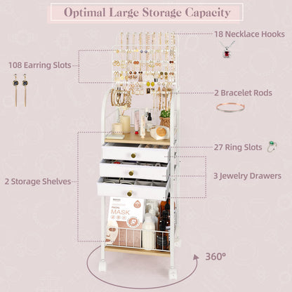 Keebofly Jewelry Organizer Stand with 3 Drawers, Large Necklace Holder & Earring Organizer Rack, Wooden Jewelry Tree Tower for Rings, Bracelets, Sunglasses and Skincare, Gift for Women, White