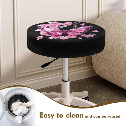 Peach Blossom Bar Stool Covers, Removable Washable Butterfly Print Round Cushion Covers for Dining Room Set of 2