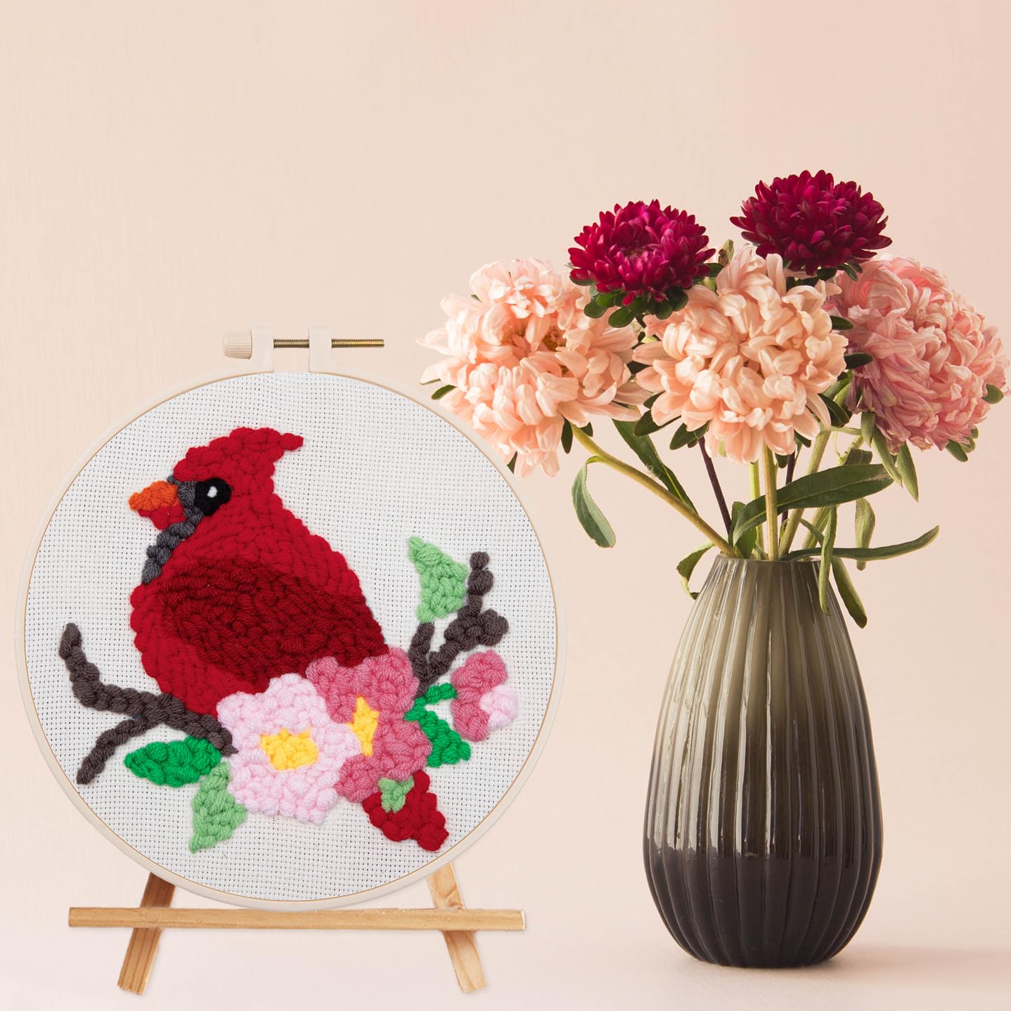 Louise Maelys Beginners Punch Needle Kits,for Starter Adults,Rug Cross Stitch Kit Tool Including Handle Embroidery Pen,Cloth,Hoop,Threads and Instruction-Cardinal Bird Pattern