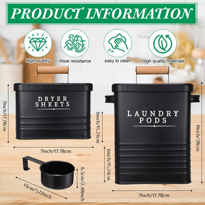 Yaocom 2 Pcs Laundry Pod Container with Dryer Sheet Holder Farmhouse Laundry Room Decor Organization and Storage Detergent Container Box with Lid Handle Metal Dryer Sheet Dispenser(Black)