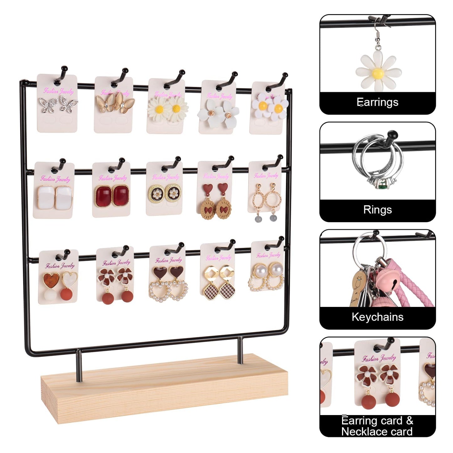shidaishiye Earring Display Stand for Selling, Wood Earring Rack Tower Display Holder Stand (3 Tier,15 Hooks, Black)