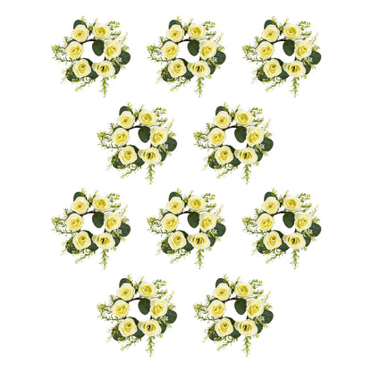 Candle Rings Wreath Centerpieces 10Pcs Cream Rose Candle Floral Wreaths 8.27In Artificial Flowers Rings Wedding Party Decor (Cream, Green)