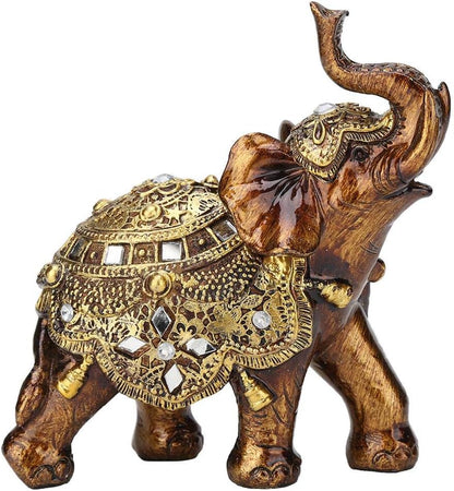 Golden Elephant Statue - Resin & Wood Grain Collectible Figurine, Feng Shui Lucky Sculpture for Home TV Cabinet