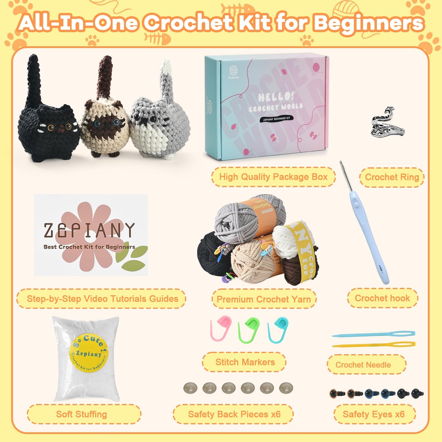 Zepiany Crochet Kit for Beginners, Crochet Cat Beginner Crochet Kit for Adults, Amigurumi Crochet Animals Cat Crafts Crochet Kits, Easy Knitting Kit Galentines Day