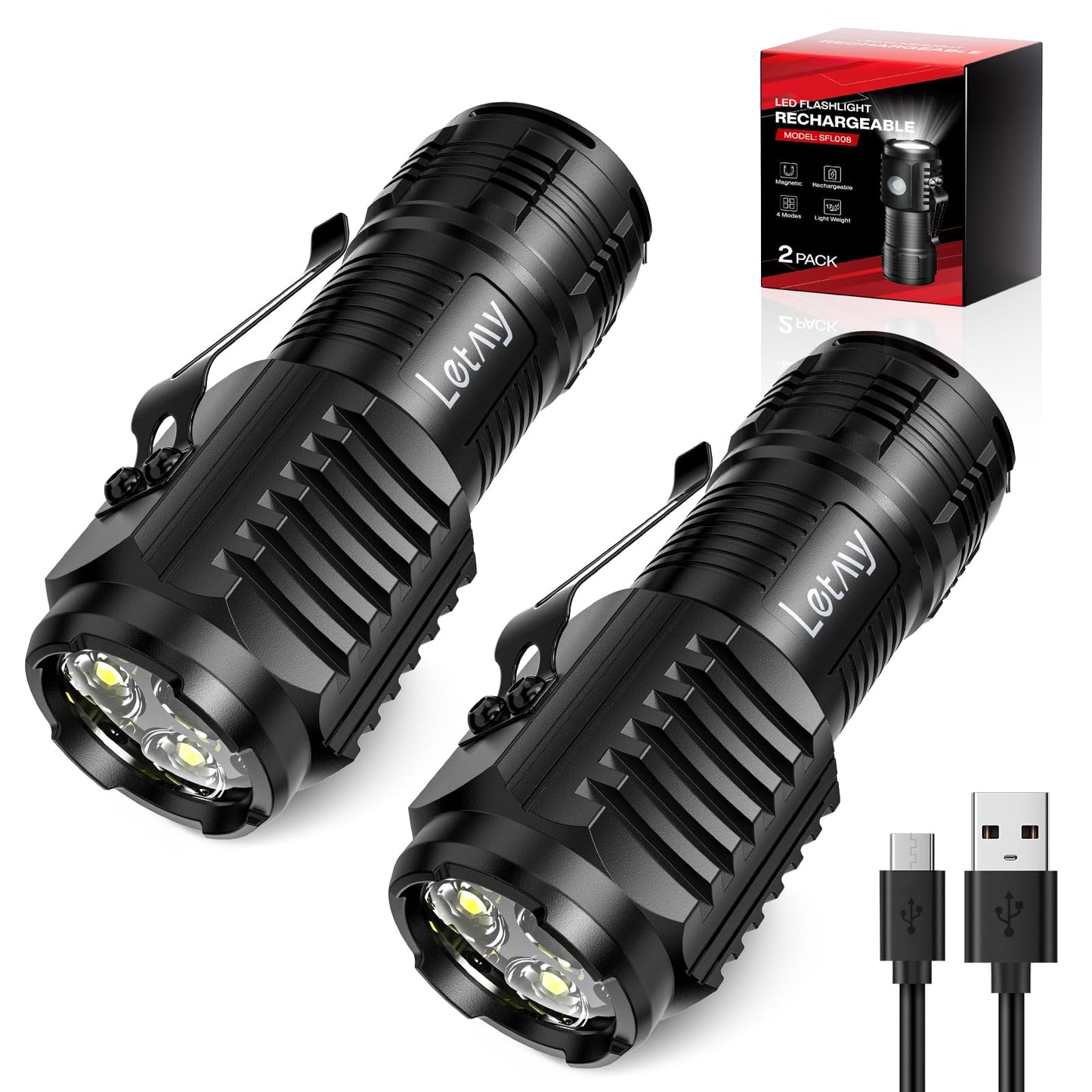 LETMY Rechargeable Mini Flashlights with Magnetic Base, 2 Pack Bright 3 LED Flash Lights, Small EDC Flashlight with Belt Clip, 4 Lighting Modes Portable Rechargeable Flashlights for Camping Home