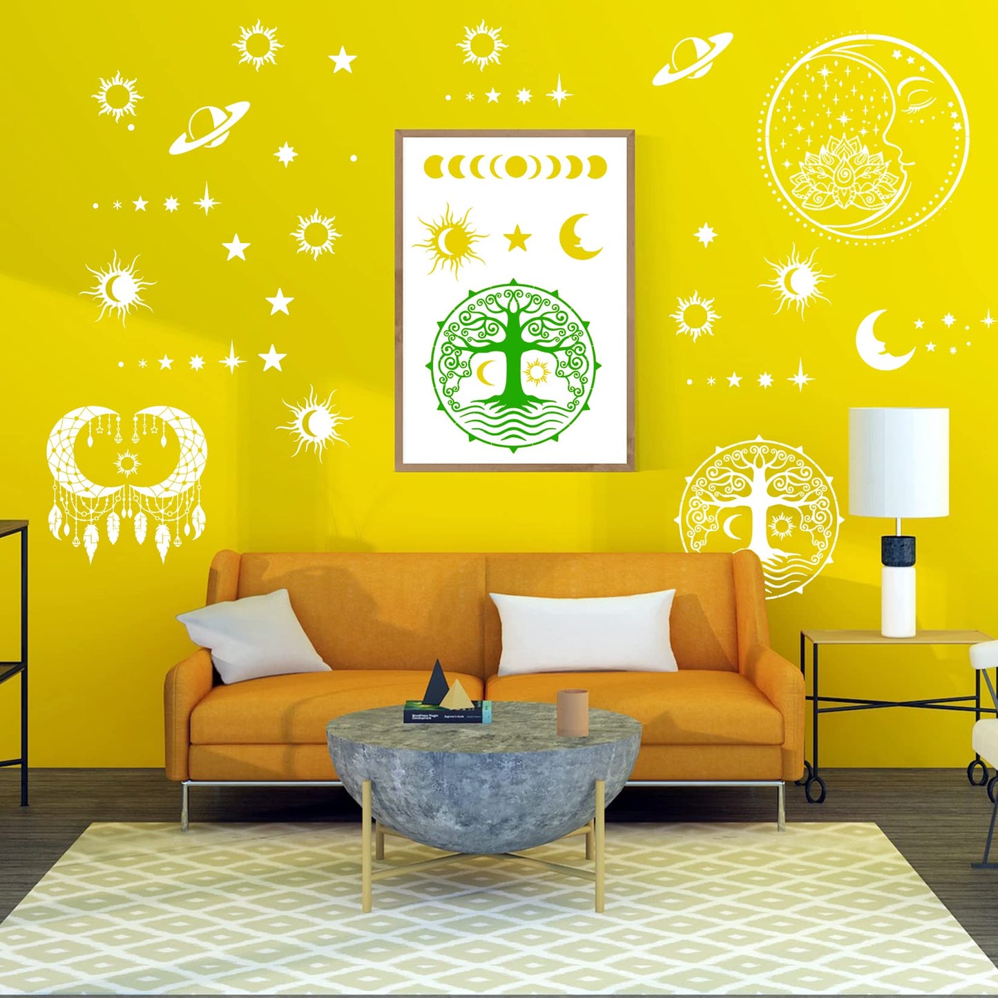 9 Pieces Large Mandala Sun and Moon Stencil Butterfly Flower Tree Paint Stencils for Crafts Reusable Templates Star Celestial Stencils for Painting Wood Wall Furniture Home Decor (Sun Moon)