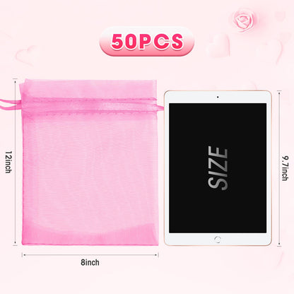 ANZNKU 8x12 in 50 Pack Pink Organza Bags, Small Gift Bags Bulk for Wedding Baby Shower Birthday Candy Party Favors, Large Sheer Mesh Goodie Bags Drawstring for Jewelry Craft Sachet & Gifts Wrap