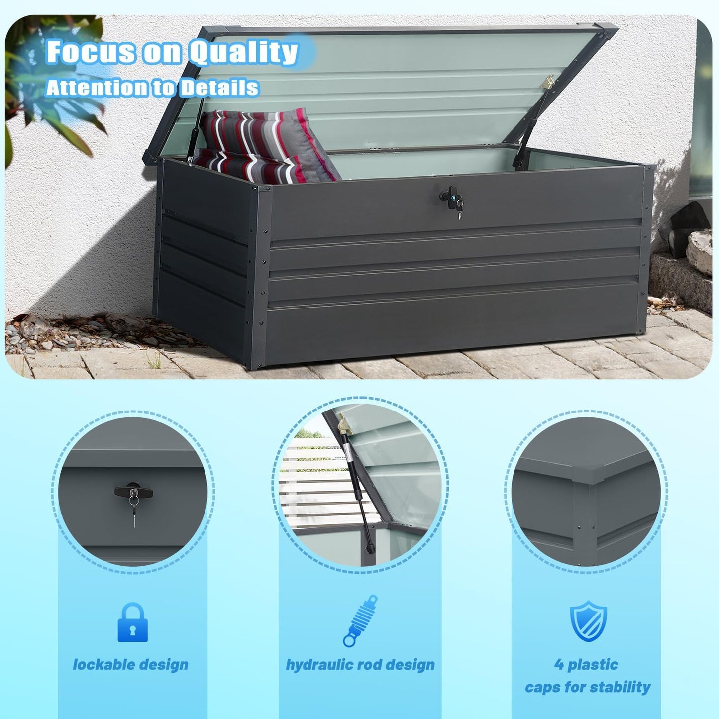 Zolyndo 260 Gallon Waterproof Outdoor Storage Box, Extra Large Outside Metal Deck Storage Box for Patio Cushions, Garden Tools, Pool Supplies