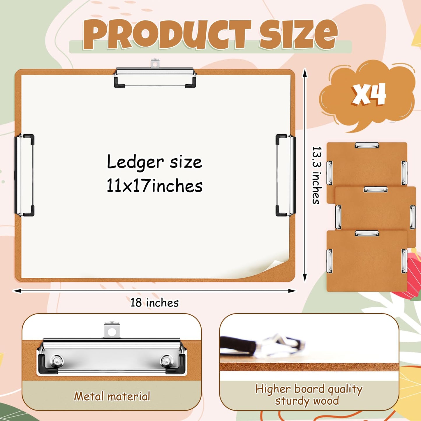 Tenceur 4 Pcs 11x17 Clipboard Three Clip Tough Extra Large Clipboard Horizontal Clipboard 11x17 Drawing Clipboard for Office Home Teachers Supplies
