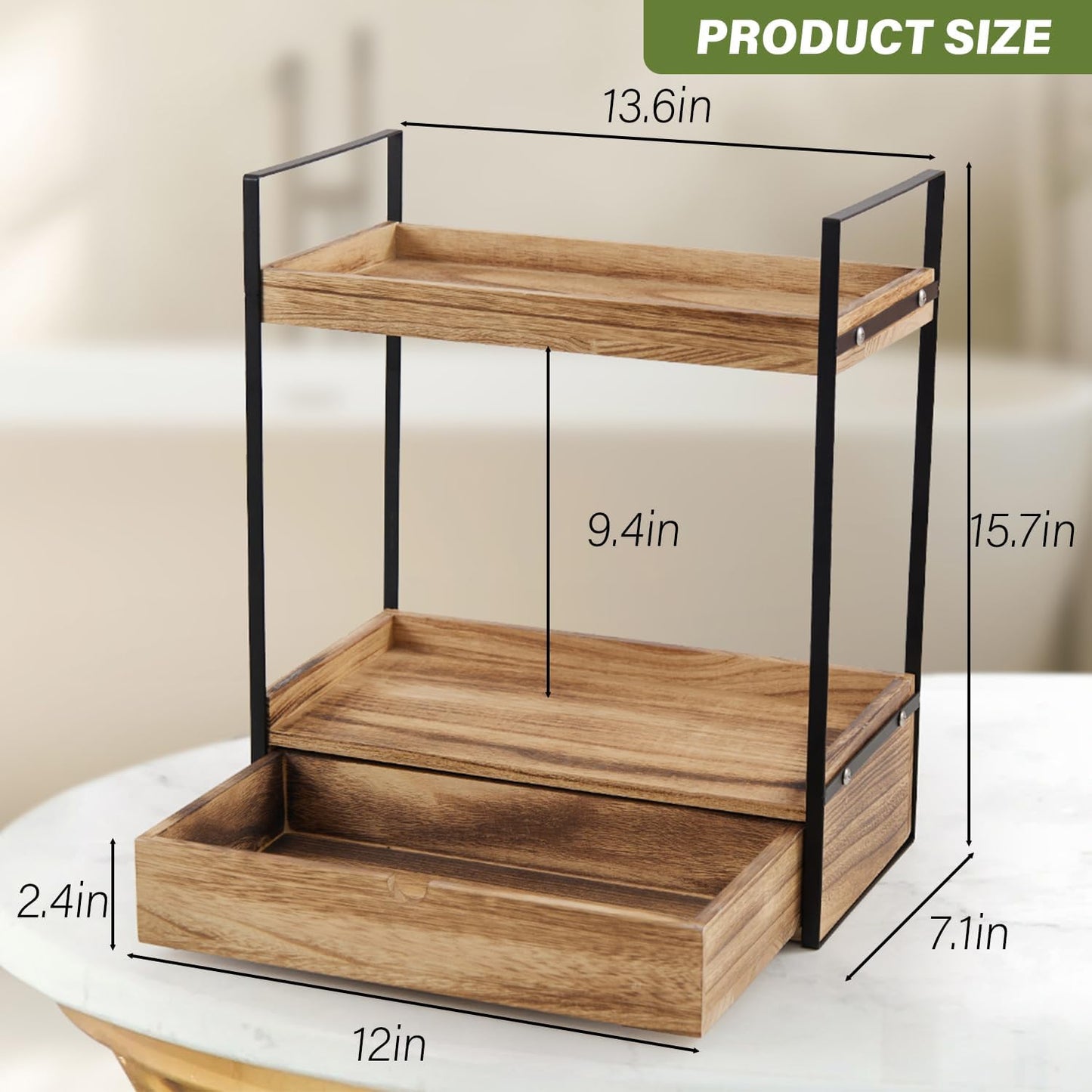 Auysbytdd 2-Tier Countertop Counter Bathroom Organizer with Drawer, Wood Shelf for Storage, Cosmetic Storage Vanity