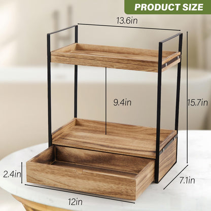 Auysbytdd 2-Tier Countertop Counter Bathroom Organizer with Drawer, Wood Shelf for Storage, Cosmetic Storage Vanity