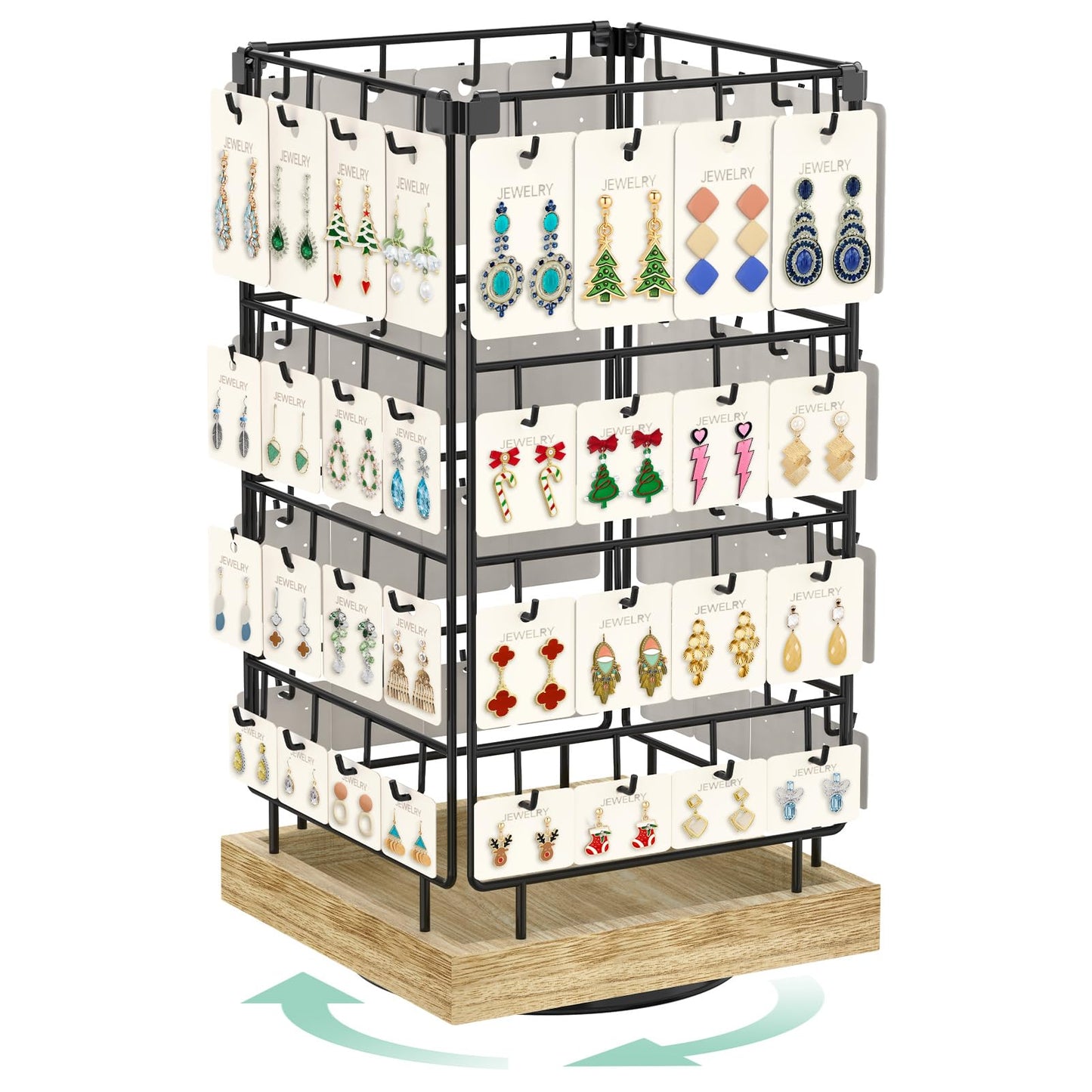 EsLuker.ly Rotating Earring Display Holder Stand for Vendors Events Selling, Large Capacity 64 Hooks Jewelry Rack with Wooden Base for Earring Card Sales, Enhances Retail Display Visibility