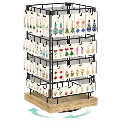 EsLuker.ly Rotating Earring Display Holder Stand for Vendors Events Selling, Large Capacity 64 Hooks Jewelry Rack with Wooden Base for Earring Card Sales, Enhances Retail Display Visibility