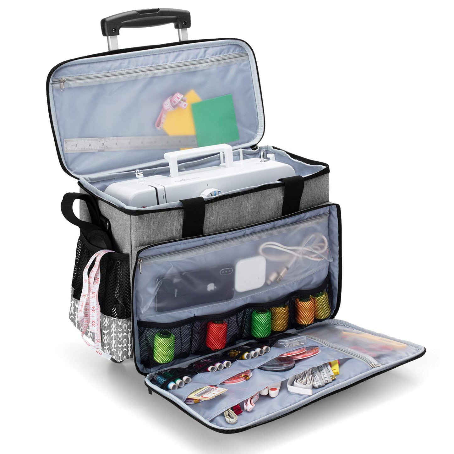 Yarwo Upgraded Rolling Sewing Machine Carrying Case, Detachable Trolley Tote Bag with Removable Bottom Board and Thickened Trailer Leg for Most Standard Sewing Machine and Accessories, Gray with Arrow