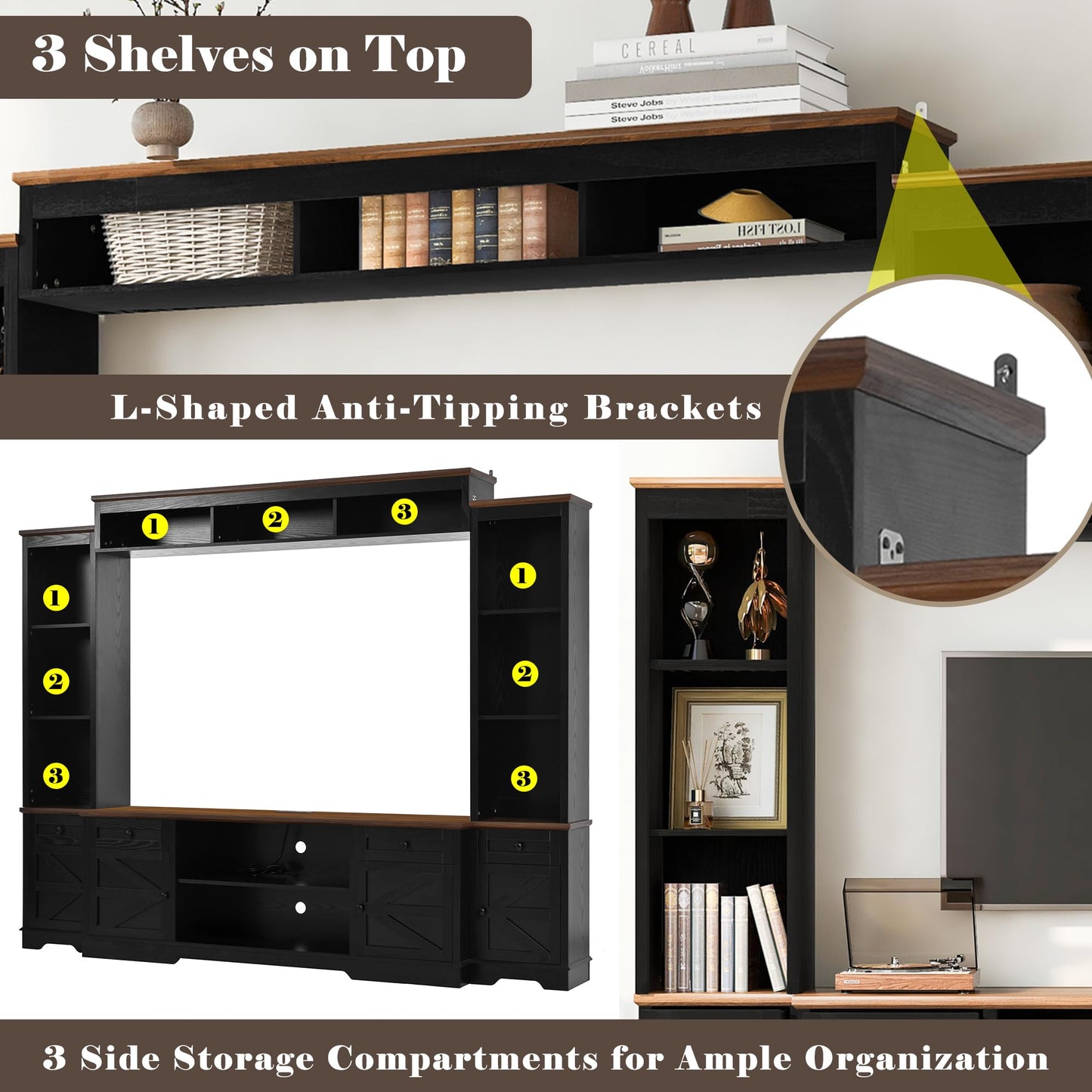 Merax 98.8" W Black Entertainment Center with Bookshelves for Living Room, Wooden Wall Unit TV Stand with Storage for TVs up to 80", Media Console with Drawers, Outlets, Cabinets & Adjustable Shelves