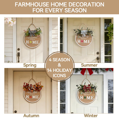 Idyllic 12 Inch Interchangeable Seasonal Welcome Sign Front Door Wreath Decor Wooden Plank with 5 Replaceable Wreaths and 12 Holiday Signs for Year Round Holiday Home Decor Front Door Fireplace