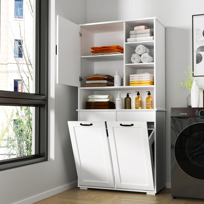 KEIKI 62.99'' H Laundry Cabinet with Doors and shelf, Tilt-Out Laundry Hamper, Multiple Storage Space, Freestanding Style, Open Shelve, Adjustable Shelf, White, (Style C)