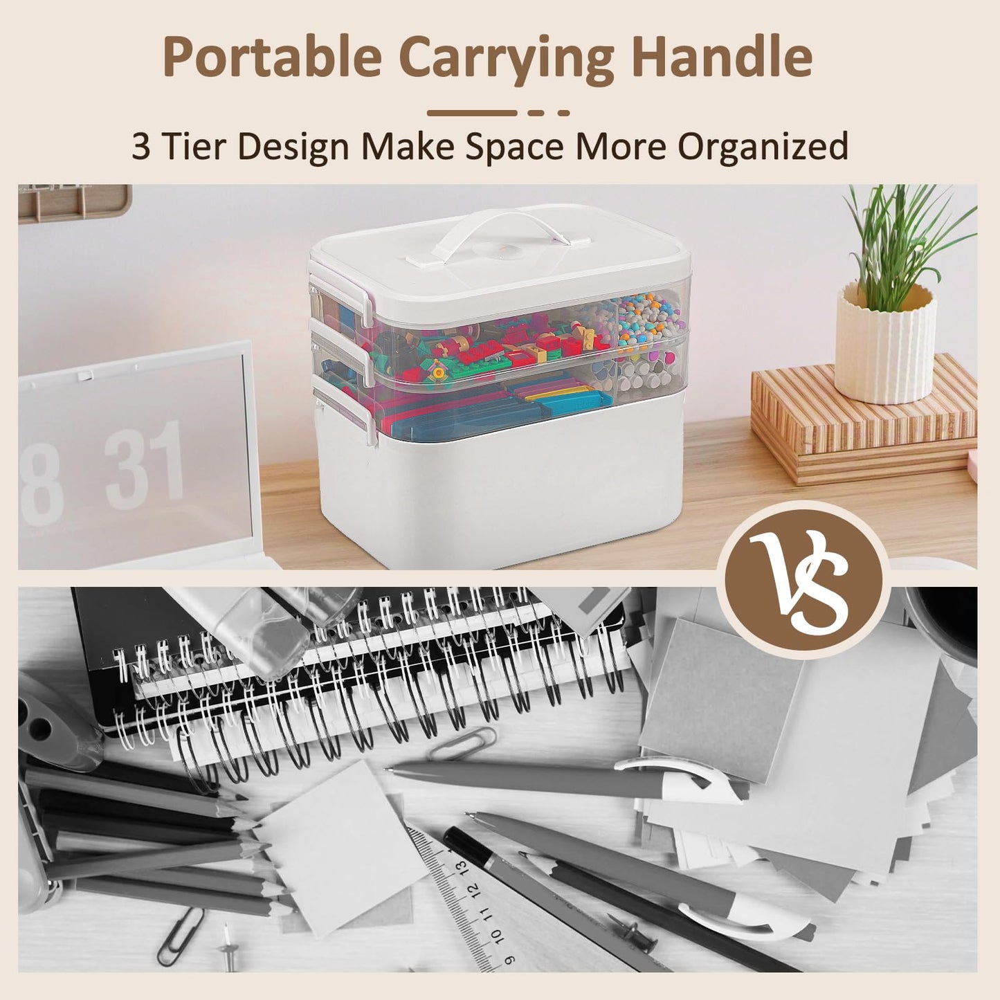 3-Layer Plastic Craft Organizers and Storage Box with Removable Trays, Storage Containers with lids and Handle, Art Supply Storage Organizer for Bead, Ornament, Nail Polish, Tape（10.62"x9"x7.67"）