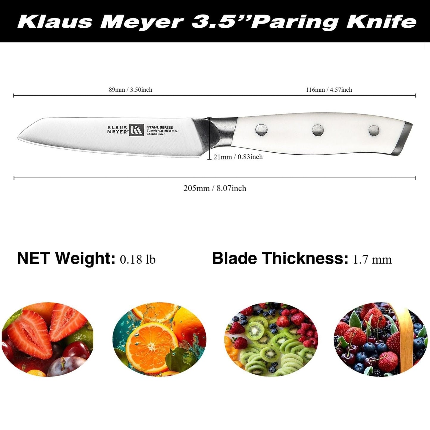 Klaus Meyer Stahl 3.5 inch Paring Knife High Carbon Exclusive German Steel Fruit Knife, Small Kitchen Knife with Ergonomic Handle (White)