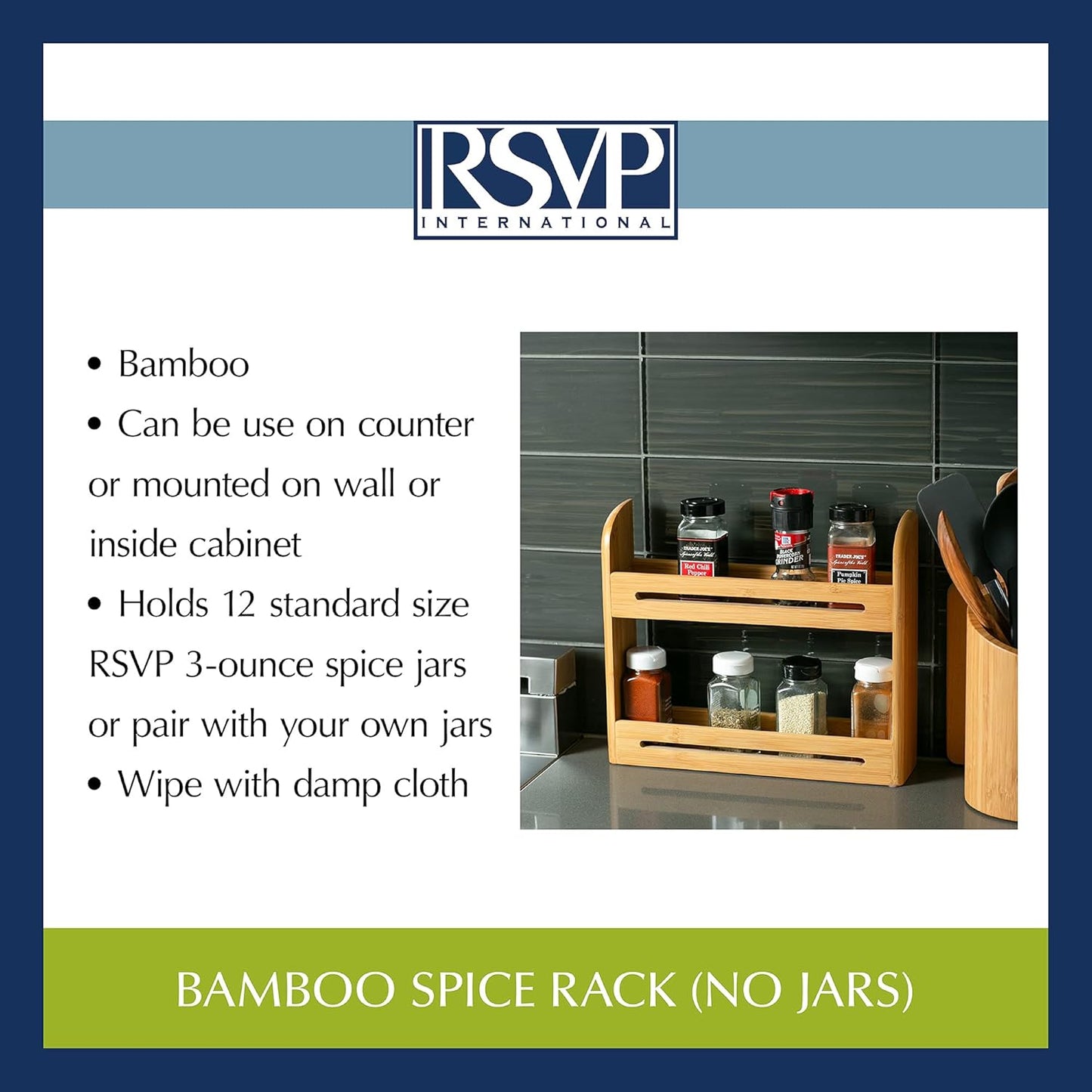 RSVP International Bamboo Collection, Countertop Décor for Kitchen & Tabletop, Spice Rack, 12x2.75x10.25"
