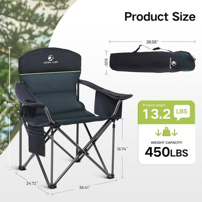 Green Party Folding Camping Chair - Oversized Heavy-Duty Lawn Chair with Cooler Bag & Cup Holder | Collapsible Padded Armchair