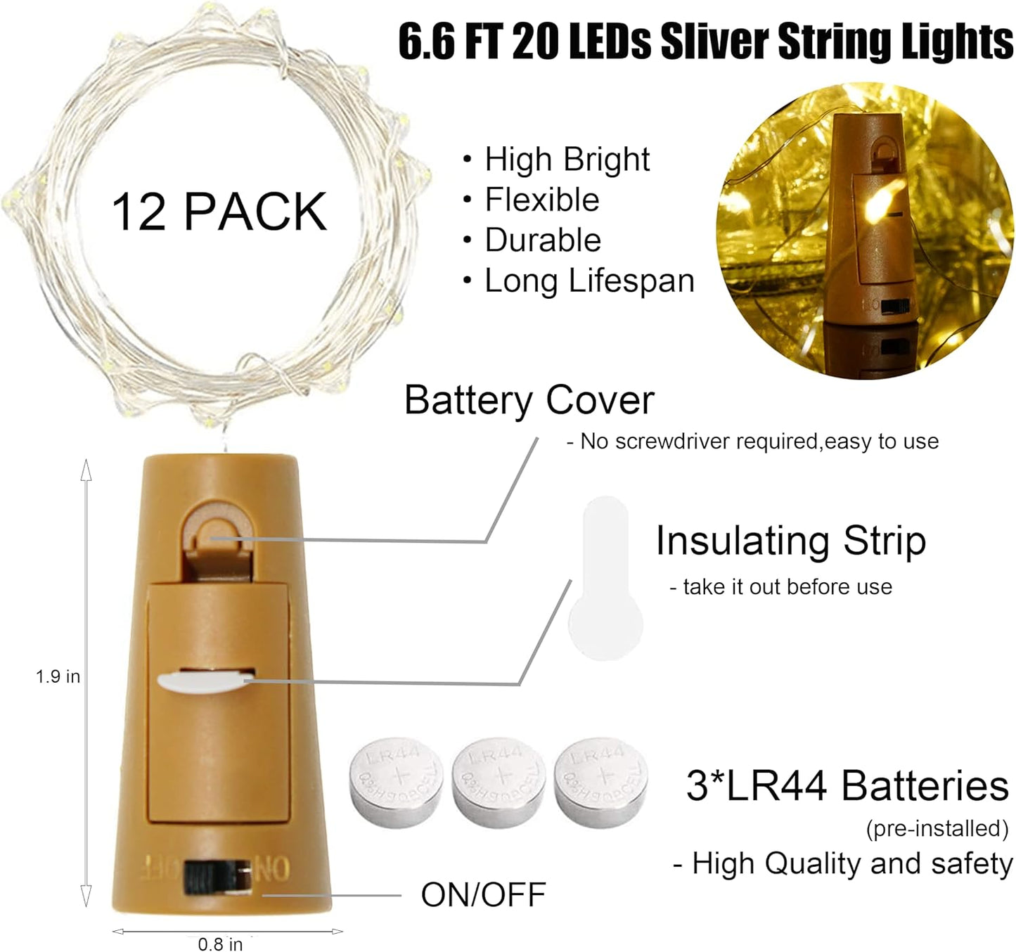 12 Packs 20 SmilingTown LEDs Wine Bottle Lights with Cork - Silver Wire Cork Lights Battery Operated Fairy Mini String